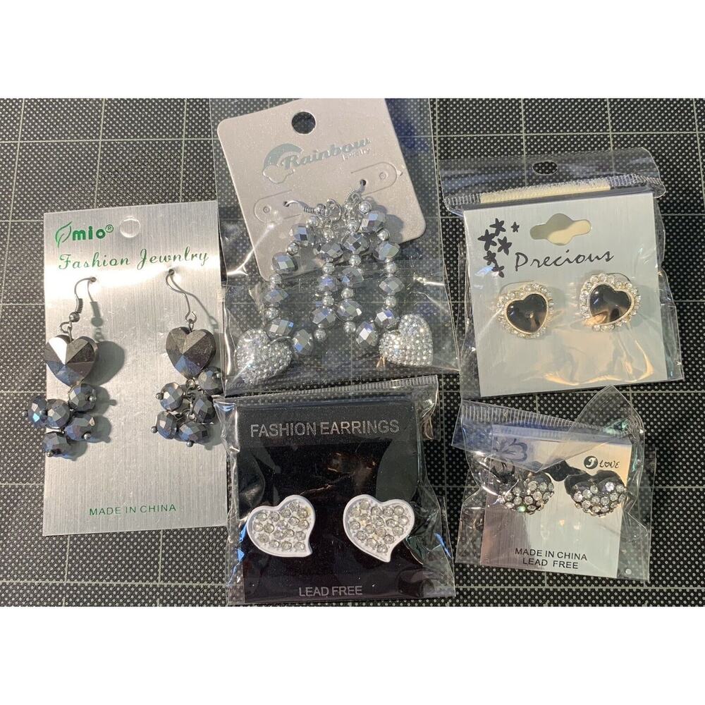 Earrings Heart And Sparkle Silver Color Themed 4 Pair Lot Pierced Dangler FLAW